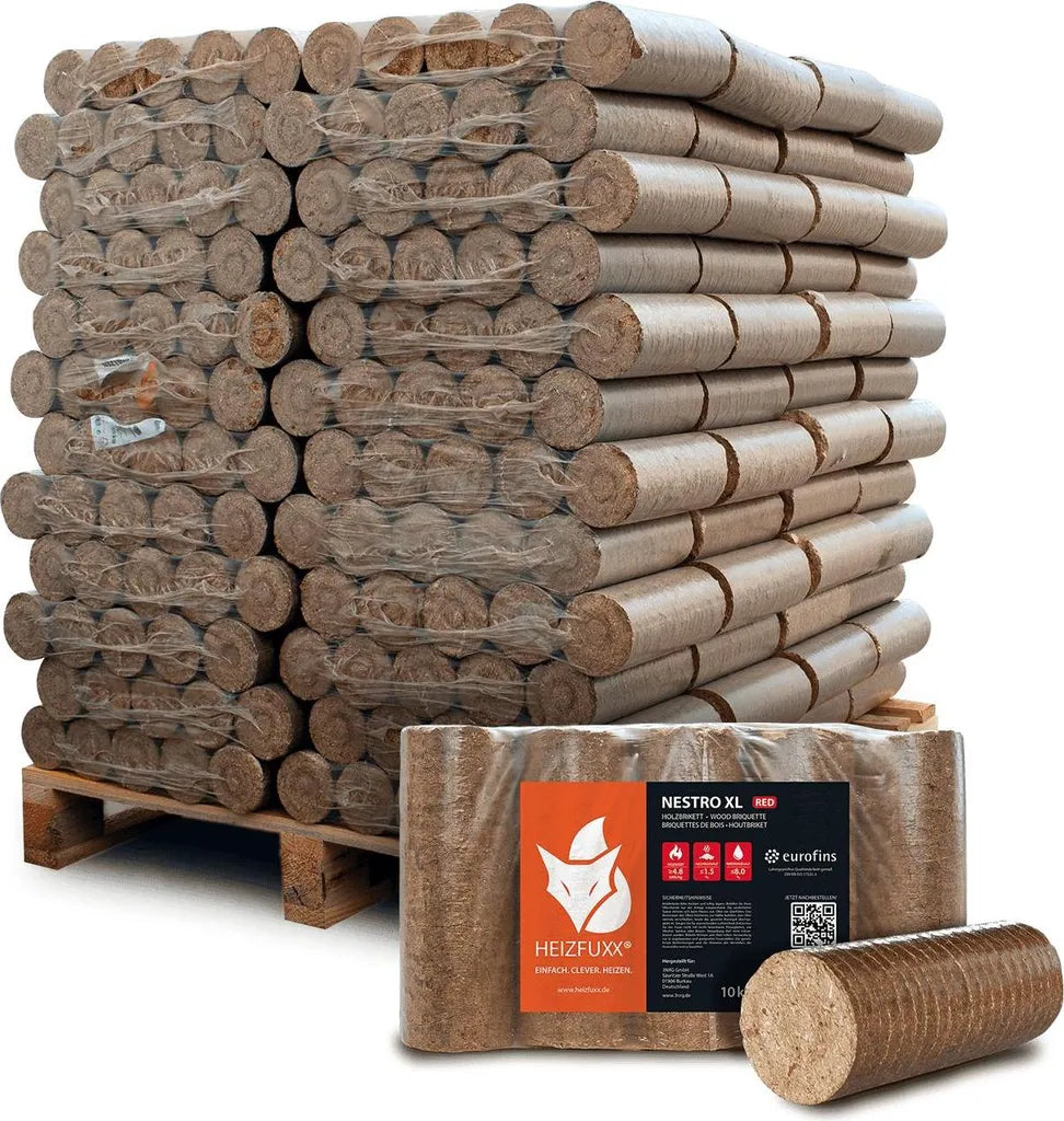 Heizfuxx NESTRO XL Red Hartholzbriketts 96×10kg — 960kg Palette | HEIZFUXX